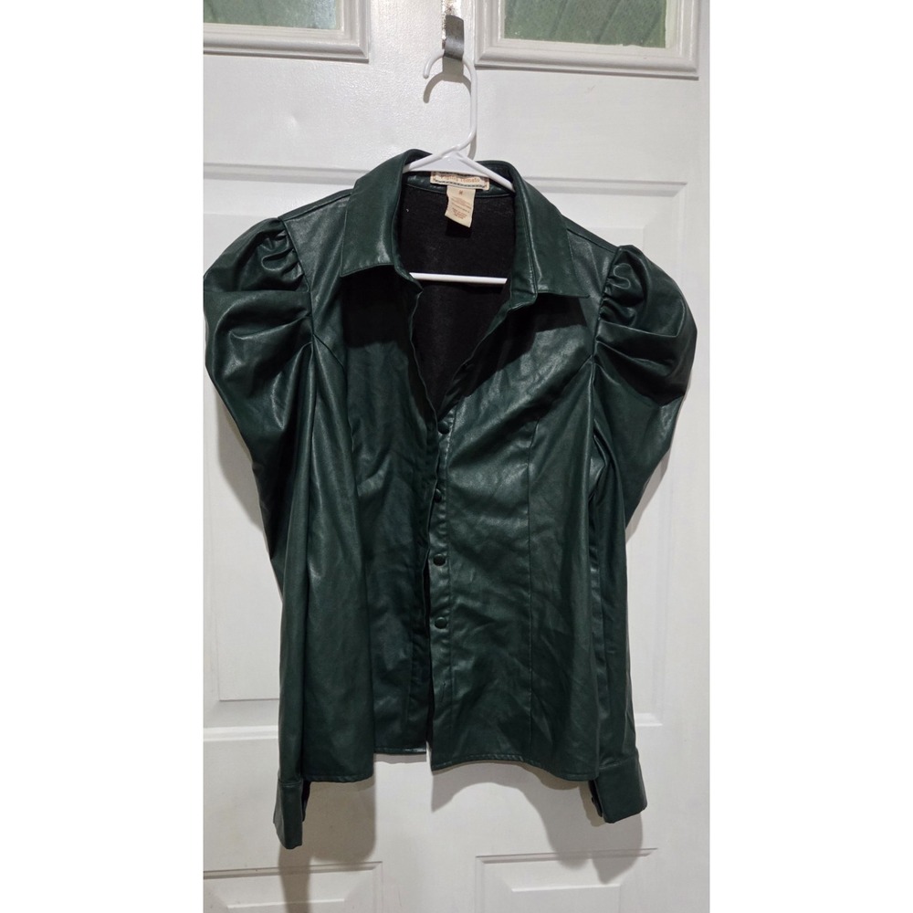 Flying Tomato Green Faux Leather Button Up Puff Long Sleeve Shirt Women M